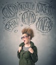 Mad young woman with extreme haisrtyle and speech bubbles Royalty Free Stock Photo