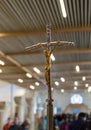 Golden crucifix in the prayer hall of Memorial Church of Moses on Mount Nebo near the city of Madaba in Jordan