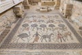 Part of the restored antique mosaic on the floor in Memorial Church of Moses on Mount Nebo near the city of Madaba in Jordan