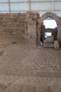 The ruins of houses and mosaic in the covered pavilion on the historical archaeological site Umm ar-Rasas near Madaba city in Jord