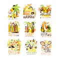 Madagascar, Crete, Bali, Seychelles, Ibiza, Jamaica resort set for label design. Summer beach tourism and rest vector