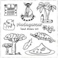 Madagascar hand drawn doodle set. Sketches. Vector illustration for design and packages product. Symbol collection