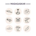 Madagascar hand drawn doodle set. Sketches. Vector illustration for design and packages product. Symbol collection