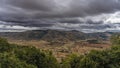 Madagascar landscape from a height. Rice fields, dirt roads, rural houses