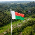Madagascar\'s flag flies over a landscape of terraced rice fields surrounded by dense Royalty Free Stock Photo