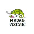 Madagscar hand written word with funny chameleon