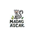 Madagscar hand written word with funny lemur