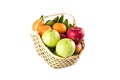 Orange, guava, banana and apple in wicker basket on white background fruit health food isolatedorange, guava, banana and apple inm Royalty Free Stock Photo