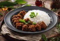 Made background some spices West rendang Sumatera indonesia white milk food beef herbs eef rustic coconut plate traditional This Royalty Free Stock Photo