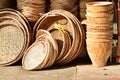 Made baskets shop.Traditional Thai woven straw texture. Royalty Free Stock Photo