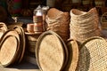 Made baskets shop.Traditional Thai woven straw texture. Royalty Free Stock Photo