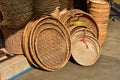 Made baskets shop.Traditional Thai woven straw texture. Royalty Free Stock Photo