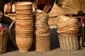 Made baskets shop.Traditional Thai woven straw texture. Royalty Free Stock Photo