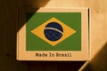 Made in Brazil. Cardboard boxes with text `Made In Brazil` and the Flag of Brazil.