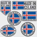 Made in Iceland label set with flag, vector illustration