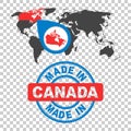 Made in Canada stamp. World map with red country. Vector emblem Royalty Free Stock Photo
