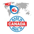 Made in Canada stamp. World map with red country. Vector emblem Royalty Free Stock Photo