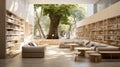 Made of clear concrete, the library features light-colored log bookshelves, stepped seating, potted plants, raw timber floors, and