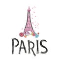 Made of colorful flowers Eiffel tower. Paris text with hand drawn. Greeting card