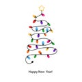 Made of colorful light bulb tree. Happy new year greeting card Royalty Free Stock Photo