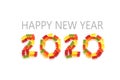 2020 made from colorful wine gummy bears isolated with small shadows on a white background and sample text Happy New Year, copy
