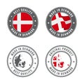 Made in Denmark - set of labels, stamps, badges, with the Denmark map and flag. Best quality. Original product. Royalty Free Stock Photo