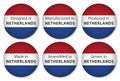 Made, designed in Netherlands, flag stickers, vector illustration