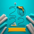 `2022` made of a drill wire and a set of construction tools, all on a turquoise blue background. Royalty Free Stock Photo