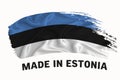Made in Estonia handwritten vintage ribbon flag, brush stroke, typography lettering logo label banner on white background