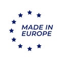 Made In Europe round label with stars. Isolated on white background, logotype vector design.