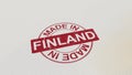 MADE IN FINLAND stamp red print on the paper. 3D rendering