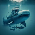 Abstract whale and submarin in the ocean illustration. Royalty Free Stock Photo