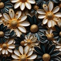 Seamless pattern with enameled Daisy flowers with silver and gold.
