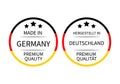 Made in Germany round labels in English and in German languages . Quality mark vector icon. Perfect for logo design, tags, badges