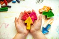 Made homemade wax pencils from the wreckage of old crayons by melting them in the oven at high temperature in silicone form. Royalty Free Stock Photo