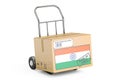 Made in India concept. Cardboard Box on Hand Truck, 3D rendering Royalty Free Stock Photo