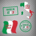 Made in the Italy rubber stamps icon isolated on transparent background. Manufactured or Produced in Italian Republic.