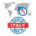 Made in Italy stamp. World map with red country.