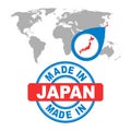 Made in Japan stamp. World map with red country.