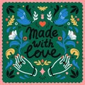 Made with love symmetric vector composition - vintage elements in stamp style on green backgtound. Vintage vector