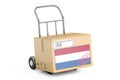 Made in Netherlands concept. Cardboard Box on Hand Truck, 3D rendering Royalty Free Stock Photo
