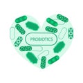 Made of Probiotic symbol heart and medical illustration of the intestinal bacterial flora