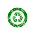 Made of recycled materials, Recycling icon isolated on white background Royalty Free Stock Photo