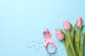 8 made of ribbon and pink tulips on blue background Royalty Free Stock Photo