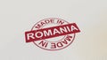 MADE IN ROMANIA stamp red print on the paper. 3D rendering