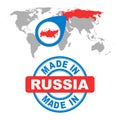 Made in Russia stamp. World map with red country. Vector emblem