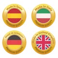 Made in Spain, Italy, Germany, United Kingdom badges