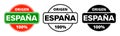 Made in Spain logo, Origen Espana product label stamp. Vector Spanish made 100 percent quality production package icon