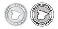 Made in Spain, Origen Espana logo, product label map stamp. Vector Spanish made 100 percent quality production package