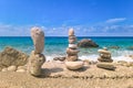 Made of stone tower on the beach. Balanced pebbles on beach Royalty Free Stock Photo